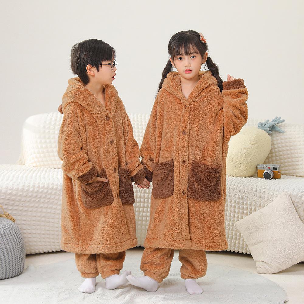 Dicke Kapibara Kinder-Schlafanzüge aus Korallenfleece - Herbst & Winter Langer Bademantel für Jungen, Mädchen & Babys