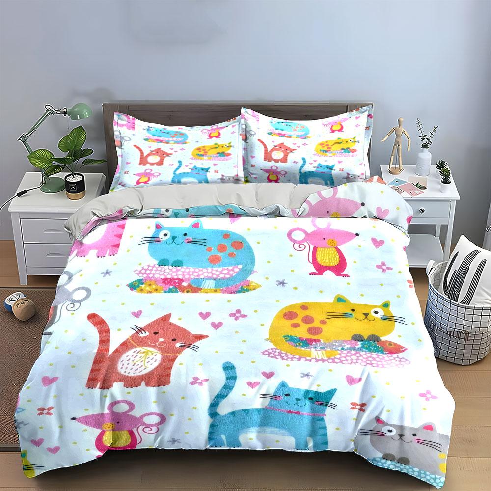Cartoon Cat Print Bedding Set Soft Comfortable Duvet Cover Bedding Set Included 1*Duvet Cover & 2*Pillowcases, Gift
