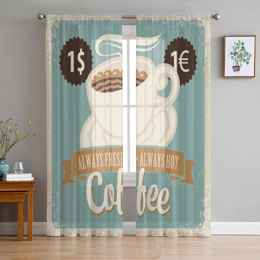 Coffee Cup Retro Style Tulle Sheer Curtains for Living Room the Room Bedroom Kitchen Decoration Voile Organza Curtains