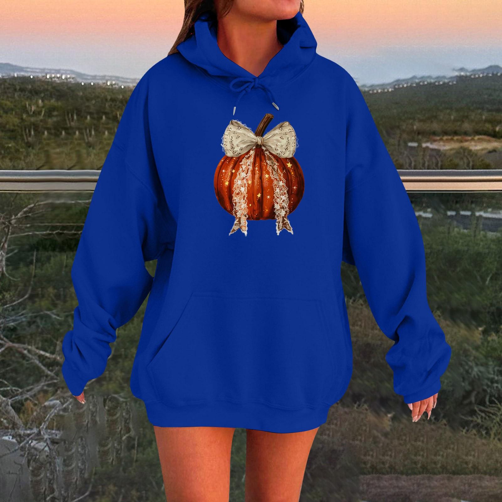 

Женский плюшевый свитшот с длинными рукавами оверсайз со спущенными плечами и капюшоном с принтом на Хэллоуин S синий