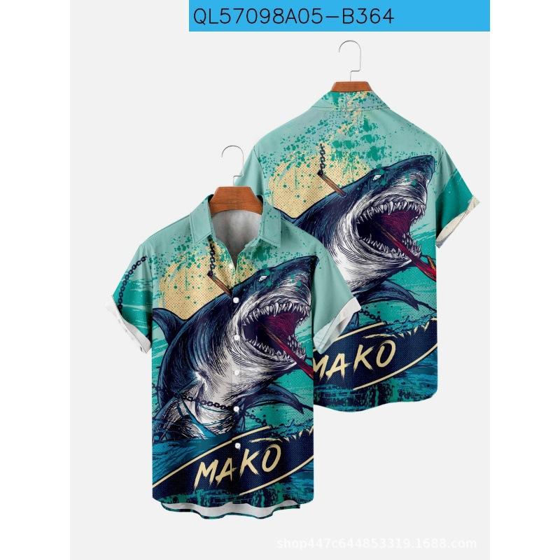 1116 New Shark 1d Printing Summer Casual Short Sleeve Shirt Men's Wholesale Manufacturer Europe