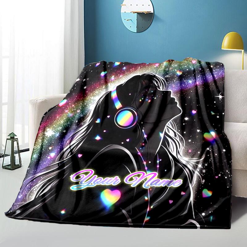 1PC Custom Name Music Dreams Space flannel blanket versatile,all-season throw suitable for the living room,bedroom,camping,travel,and gift