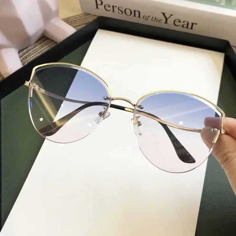 Cat Eye Sunglasses Women Luxury Rimless Gradient UV400 Clear Ocean Color Lenes Shades Ladies Sun Glasses