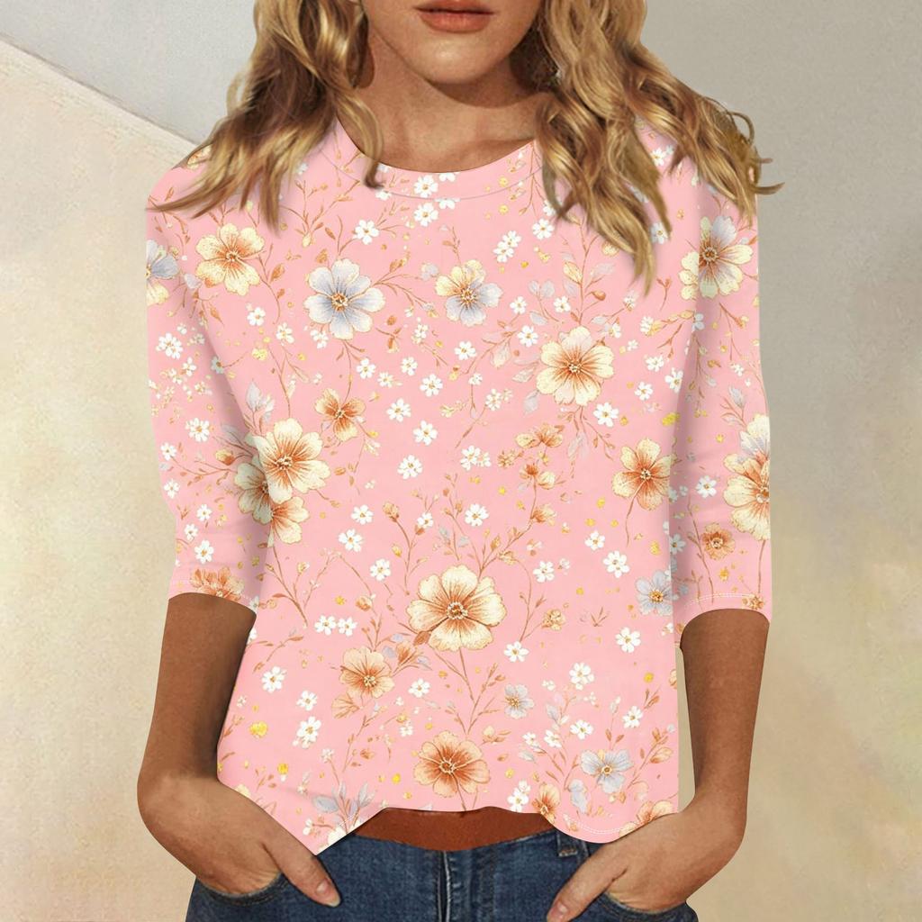Damen Lässige Blumenprint Rundhals Dreiviertelarm Bluse Leichter Weicher Stoff Bequeme Passform Stilvolles Oberteil für den täglichen Gebrauch
