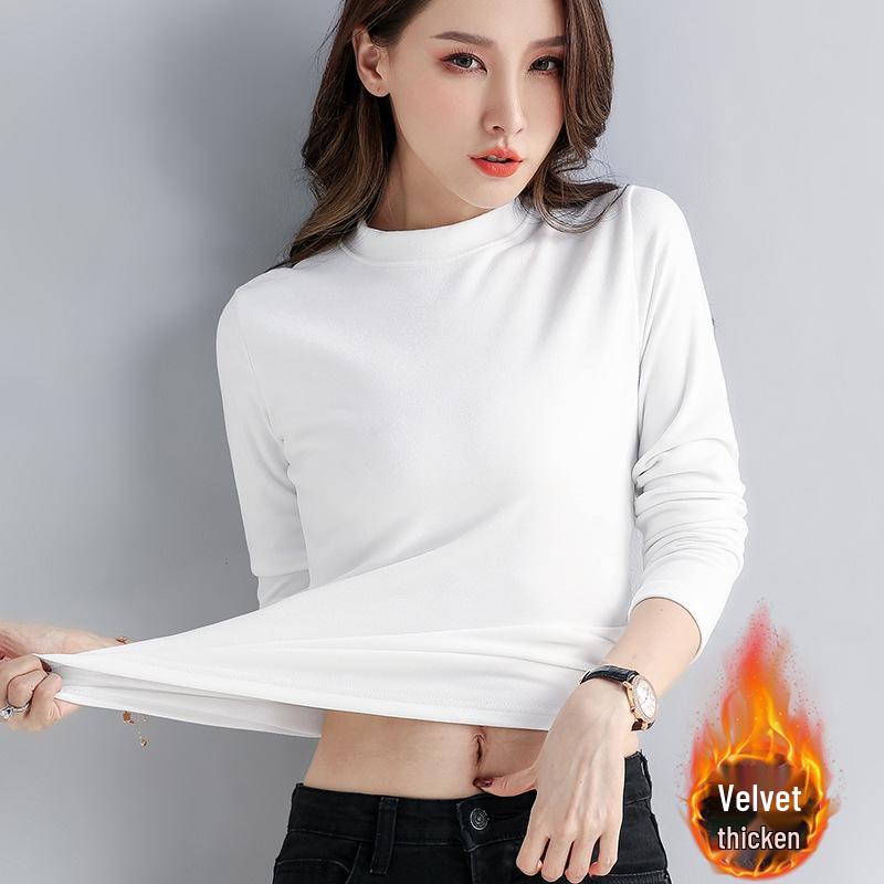 Women's Black Slim Fit Long Sleeve Thermal Top - Plush, Thickened for Warmth, Autumn/Winter 2025.