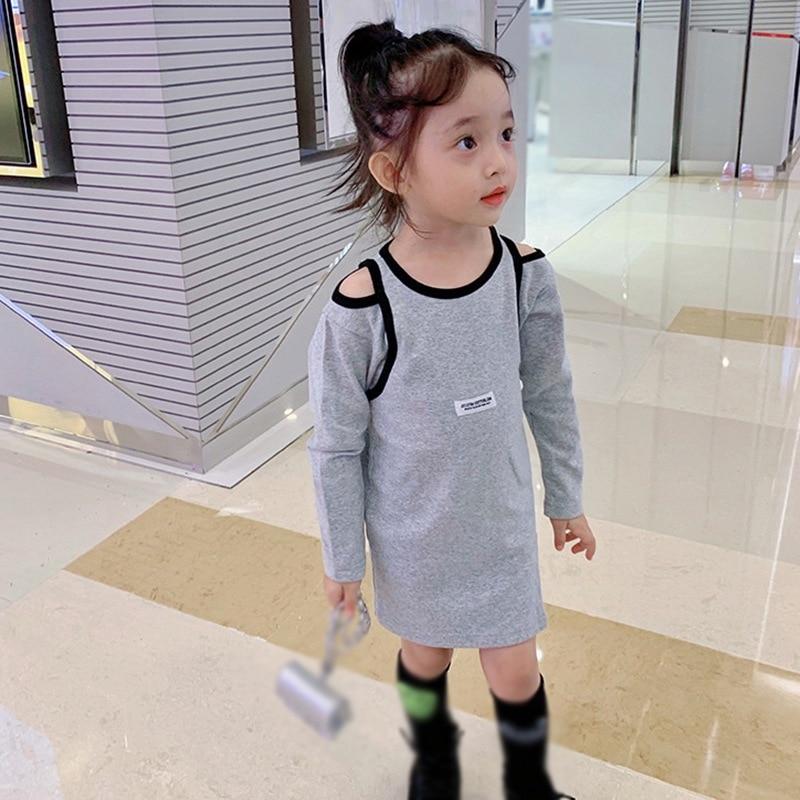 

Летнее платье-футболка для маленьких девочек, пуловер с открытыми плечами, топы, платье-футболка, повседневное платье с круглым вырезом и длинными рукавами, детская одежда, От 3 до 8 лет 15