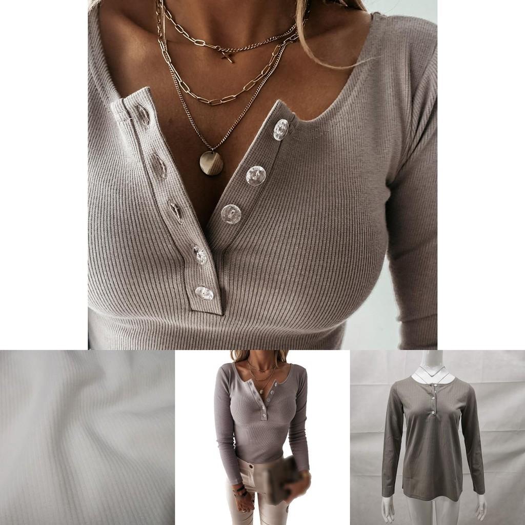 Stylish Women's V Neck Button T Shirt Tee With Long Sleeve And Soft Fabric For Everyday Wear