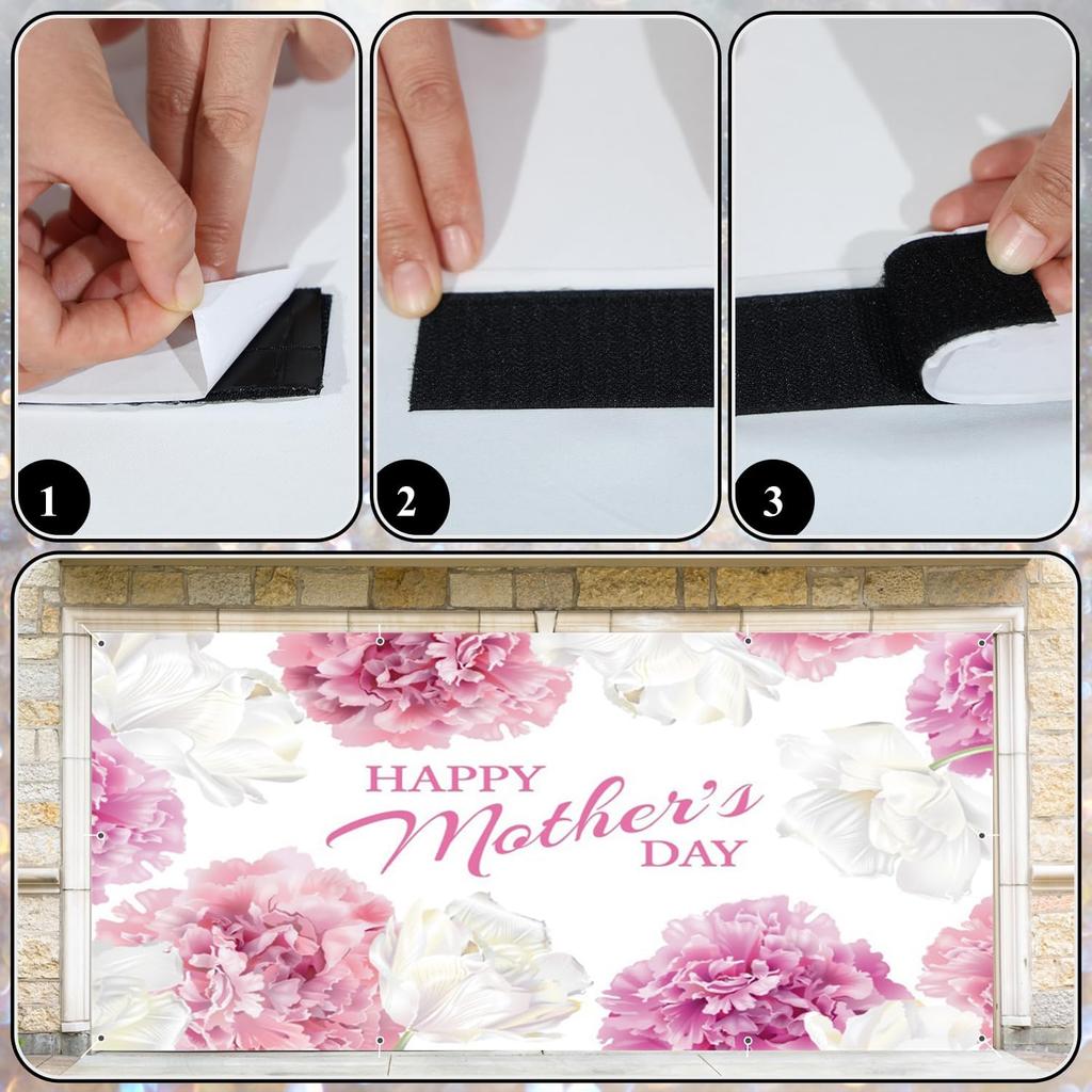 Leowefowa Mother's Day Light Banner 16x7ft Pink Floral Garage Door Decor
