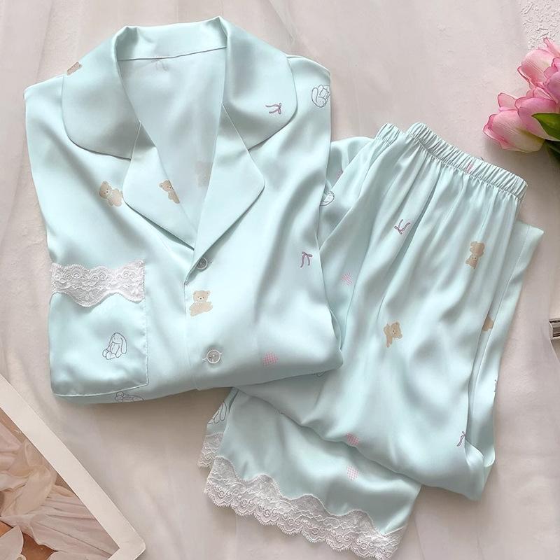 Summer Fresh Bear Print Pajamas Women'S Cool Feeling Ice Silk Short Sleeves Trousers Loungewear