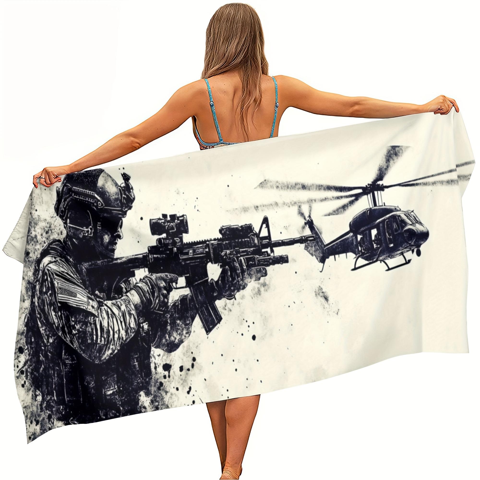 Ka Chen Muxi Black/White Tactical Military Soldier Beach Towel Helicopter Gun Print Quick Dry Microfiber Sandproof For Travel Pool