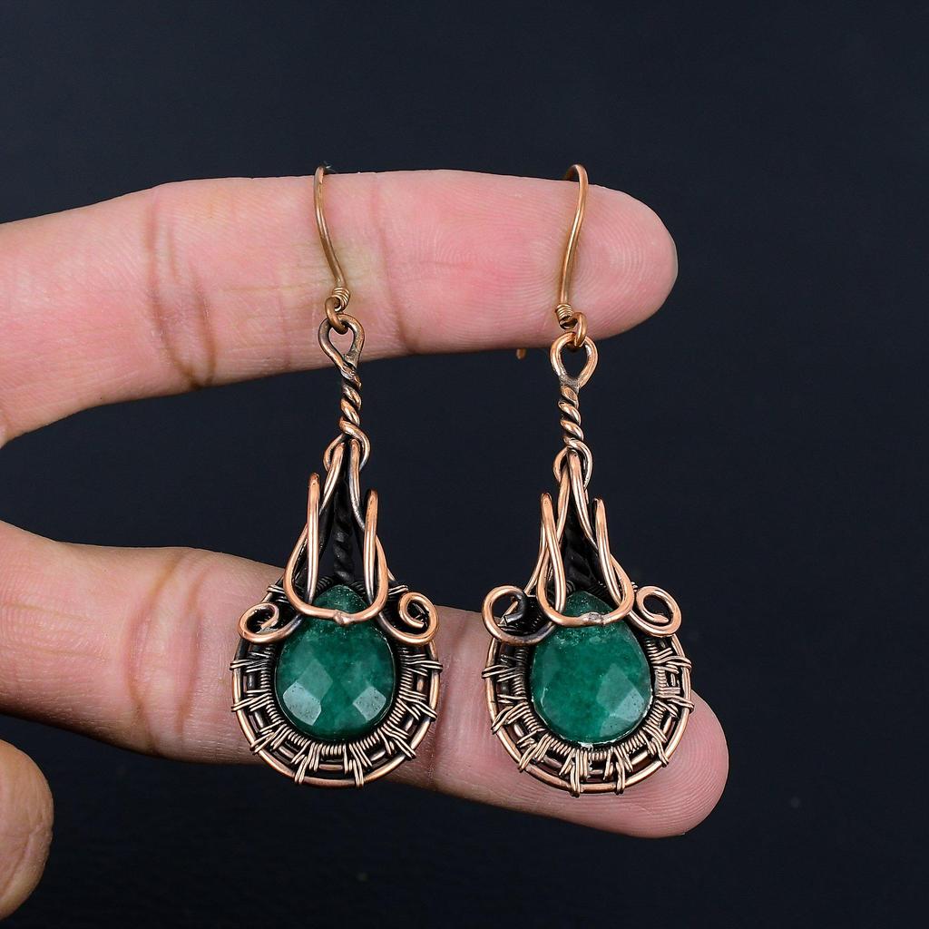 Emerald Lab-Created Gemstone Handmade Pure Copper Wire Wrapped Earrings Jewelry