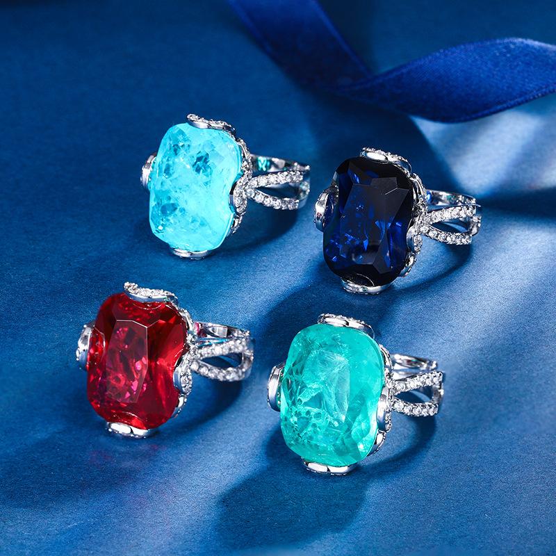 Jewelry Copper Bottom Gold-Plated Simulation Color Treasure Corundum Fat Rectangular Light Luxury Ring Women 15 * 20