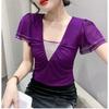 New Summer Women Tops Sexy V-Neck High Stretch Slim T-shirts Female Short Sleeve Mesh Hot Diamonds Tees All Match Casual Blusas
