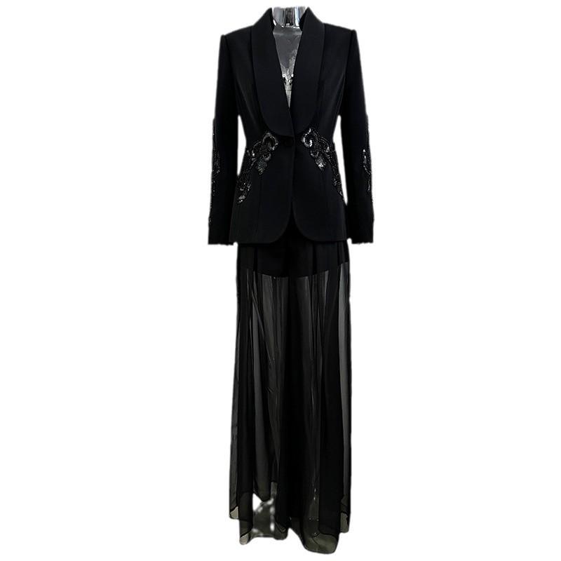 Available: Spring 2026 Fashion Mesh & Beaded Suit Jacket with Chiffon Trousers.
