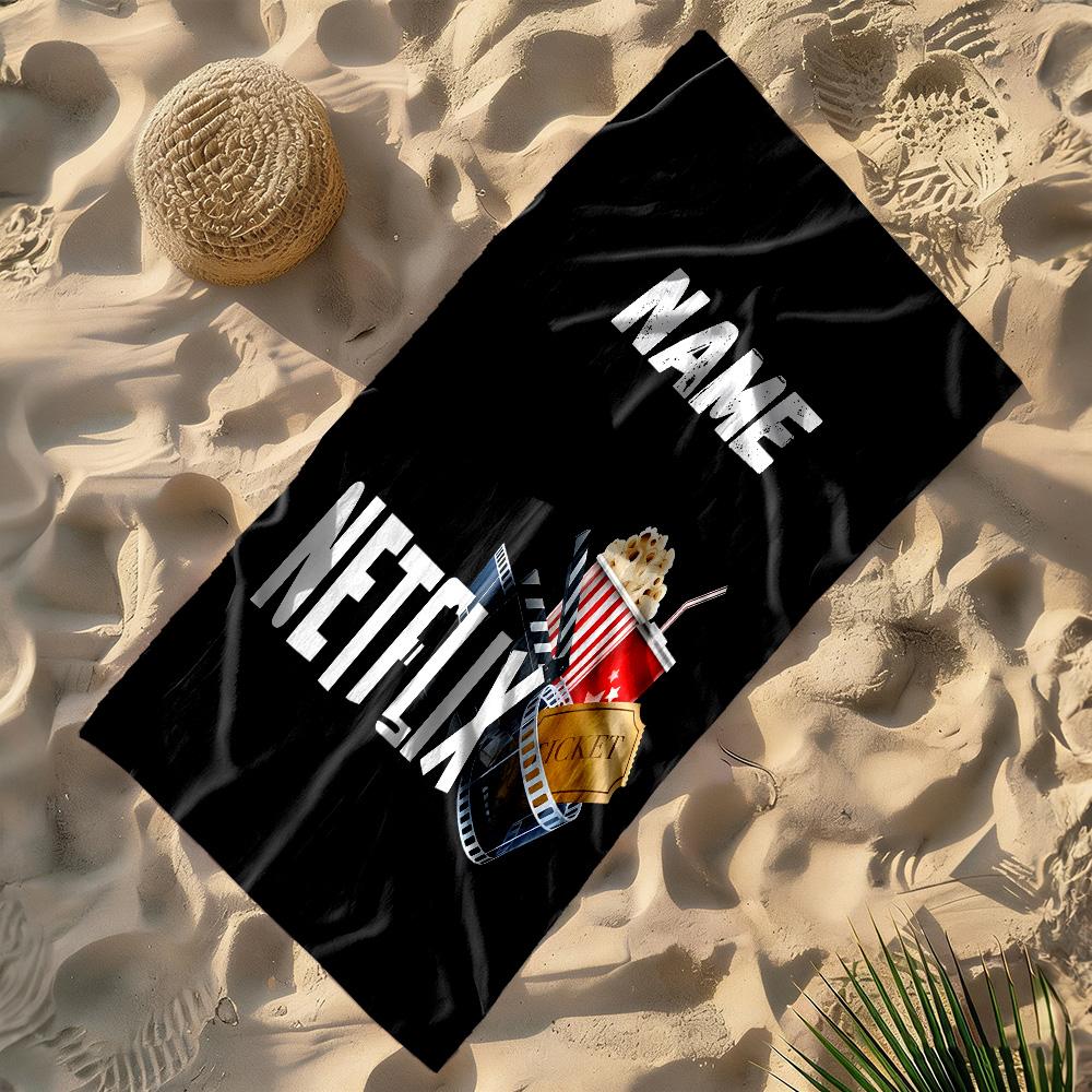 Movie Night Essentials Customizable Name Beach Towel Soft Durable Quick-Dry Suitable for Swimming Gym Camping Yoga Vacation