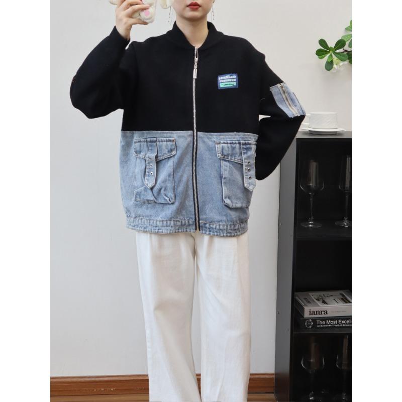 

Осень и зима новый джинсовый вязаный двусторонний кардиган на молнии, с чувством дизайна, свободный свитер-куртка женский one size fits all чёрный