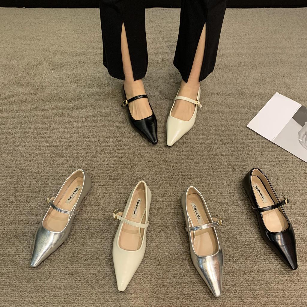 Fashion Flat Shoes for Women 2025 Spring and Autumn Silver Flat Mary Jane Shoes French Pointed Toe Plus Size Women's Shoes 42 43 44