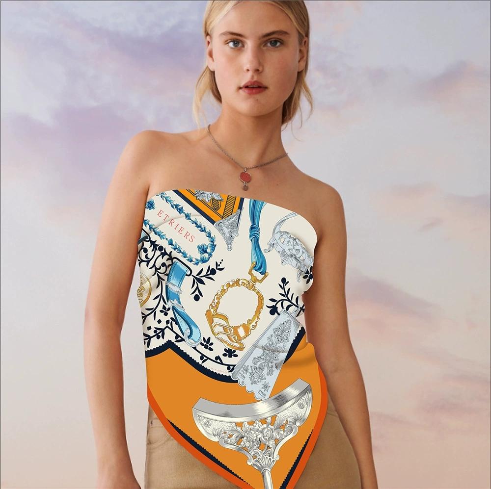 Women Decorative Triangle Twill Scarf Shawl Hijabs Luxury Printing Bandana Foulard Neckerchief Wrap Sunscreen Stole Headscarf