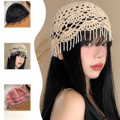 Summer Thin Face Showing Small Pullover Hat Ethnic Style Hand Knit Hat Tassel Hollow Knitted Head Hat Women's Trend