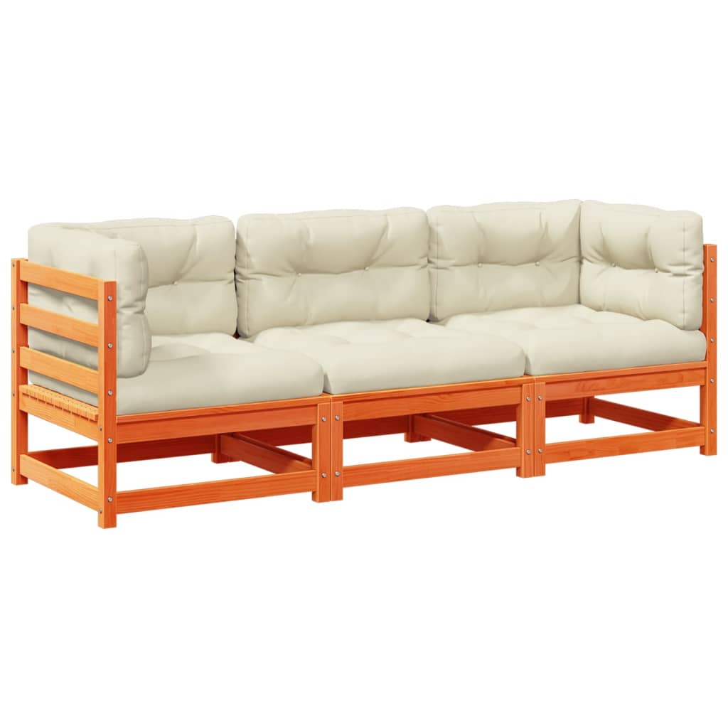 3 Piece Garden Sofa Set with Cushions Wax Brown Pine Wood