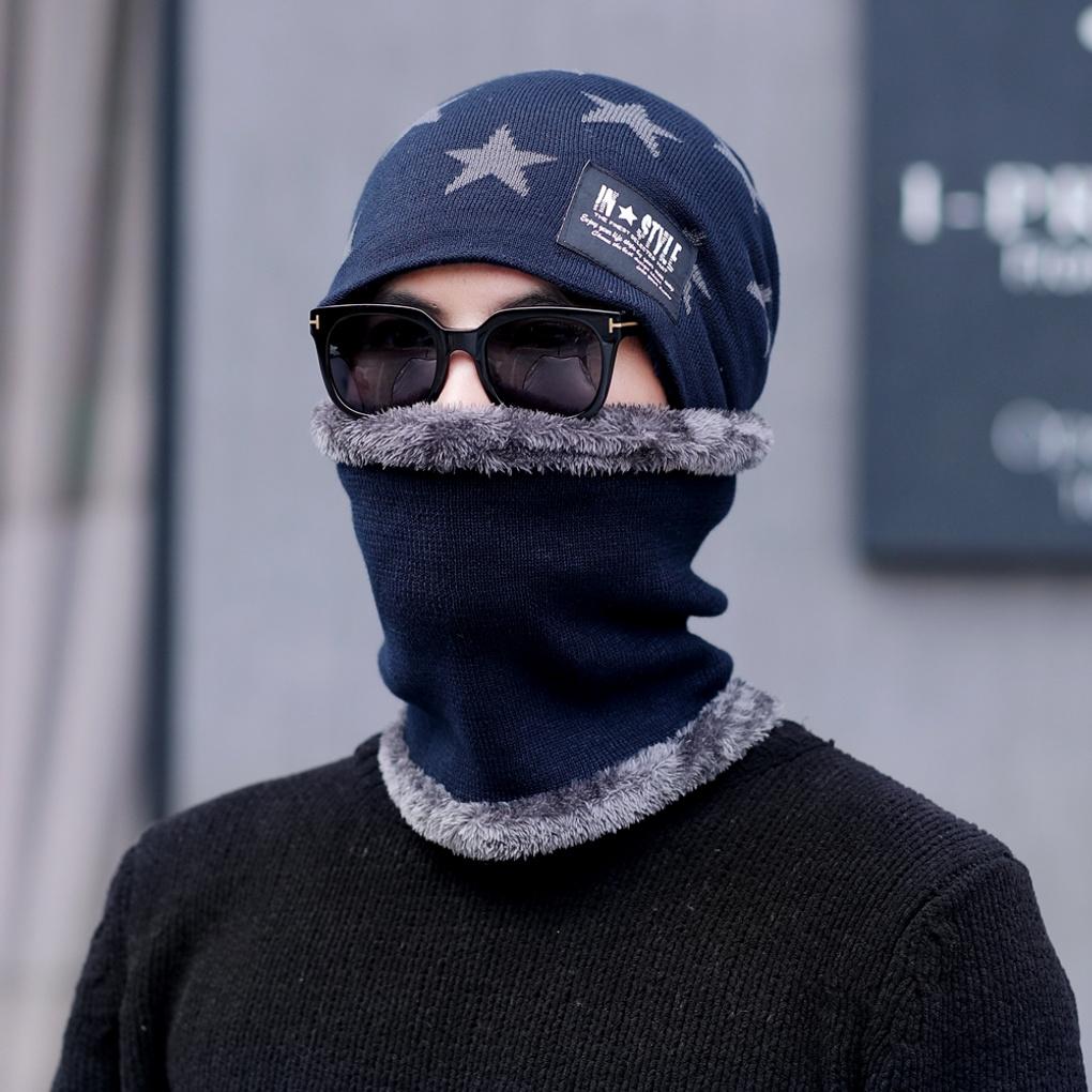 Winter cold weather gear neck warmer, mock toshi beanie set, navy for men