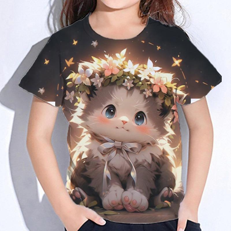 Dívčí oblečení Roztomilé tričko s potiskem kočky Krátký rukáv Dívčí tričko Letní dětské oblečení Tričko s kulatým výstřihem Top Trička Módní dětské tričko