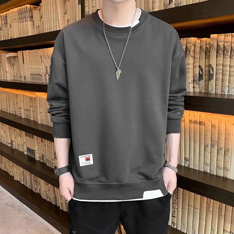 Men's Korean Style Loose Round Neck Long Sleeve Sweatshirt - Fake Two-Piece, Plus Velvet, Versatile Trendy Autumn/Winter Fashion Top