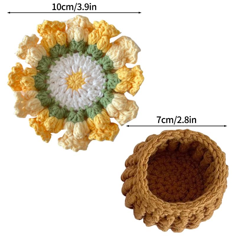 Crochet Coaster Handmade Knitted Flower Bouquet Coaster Plant Pot with Flowerpot Flower Placemat Cup Pad Teacup Stand Diy Flower