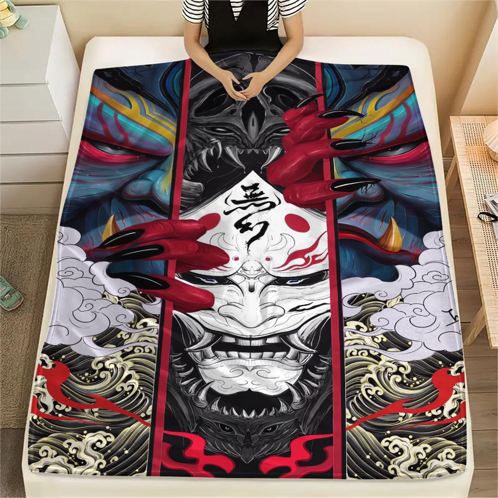 1Pc Hannya Samurai Print Flannel Blanket, High quality Comfortable for All Seasons, Home Decor, Warmth and Comfort, Perfect for Christmas Gifts