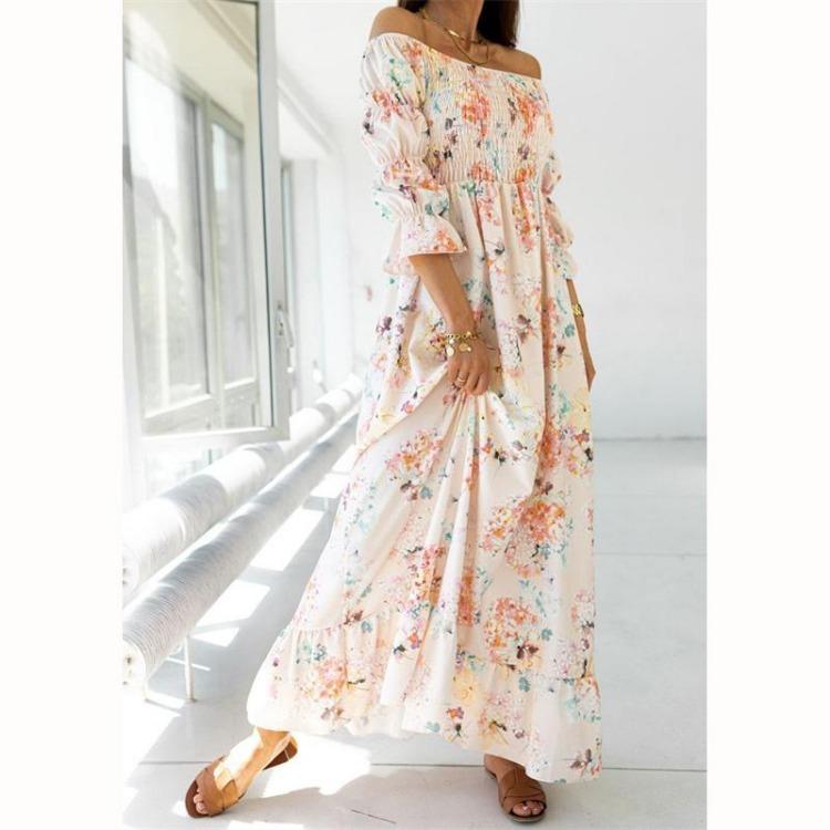 Bohemian Floral Maxi Dress Women Long Chiffon Beach Casual Half Sleeve Dress S бежевый
