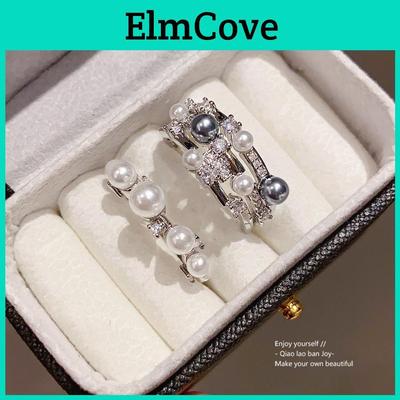 Zircon Threelayer Pearl Open Ring For Women Geometric Style Elegant Jewelry