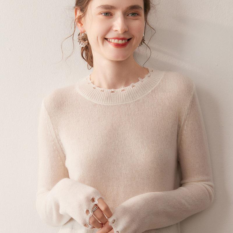 2025 Autumn/Winter Women's Distressed Round Neck Cashmere Sweater - Fashionable Loose Knitted Solid Color Long Sleeve Shirt