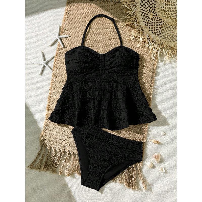 Framont Fashion House Hoge elastische geribbelde speciale gezicht meisjes tankini tweedelig set meisjes zwempak kinderzwempak 13-14Y zwart