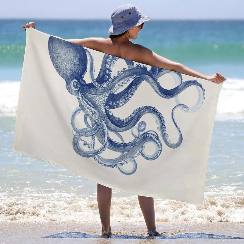 Vintage Blue Octopus Beach Towel Nautical Marine Art Print Quick Dry Sandproof Absorbent Towel for Beach Travel Vacation