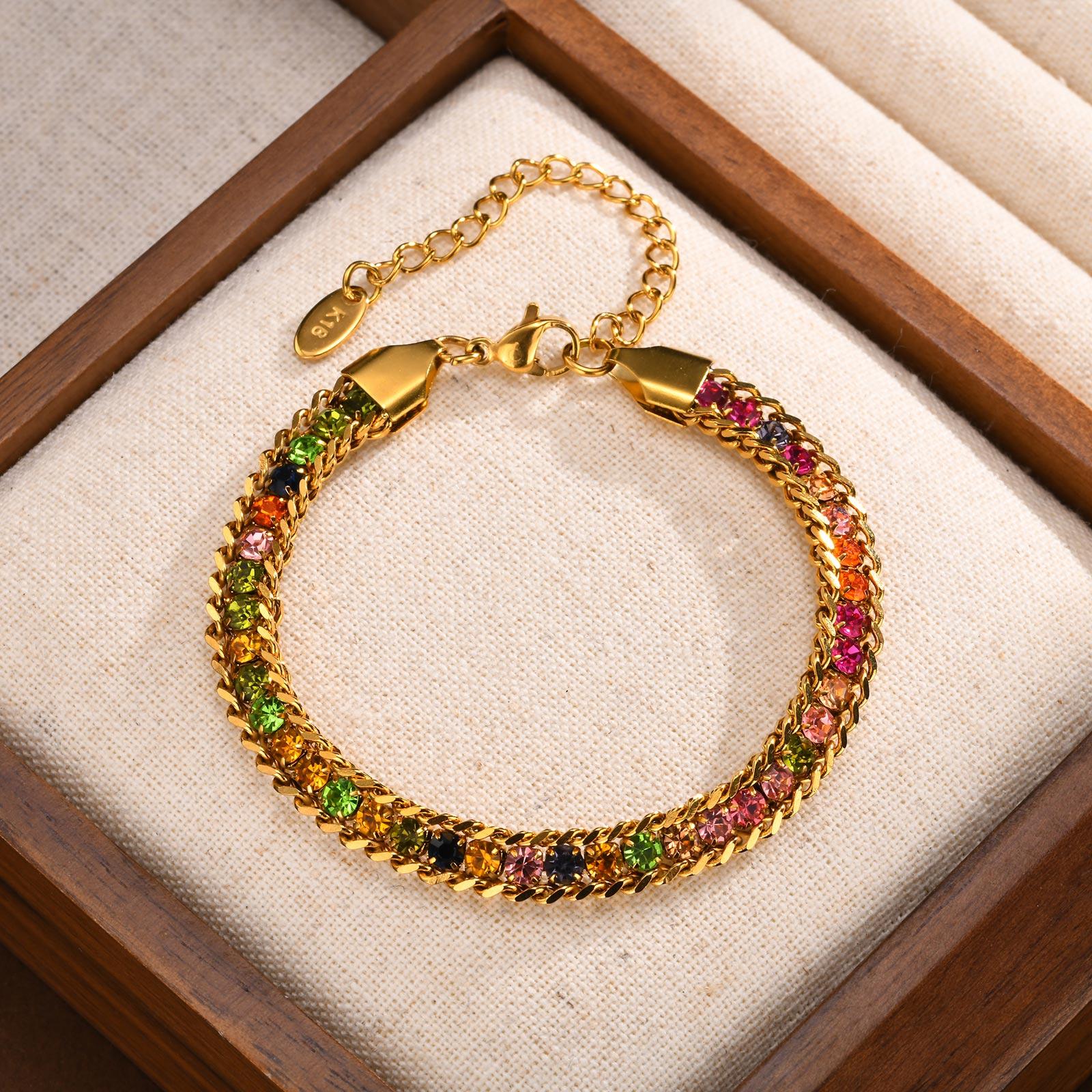 

Fashion Bling CZ Stone Bracelets for Women, Gold Plated Stainless Steel Beads Chain Bracelet, Dainty Holiday Jewelry Gift To Her