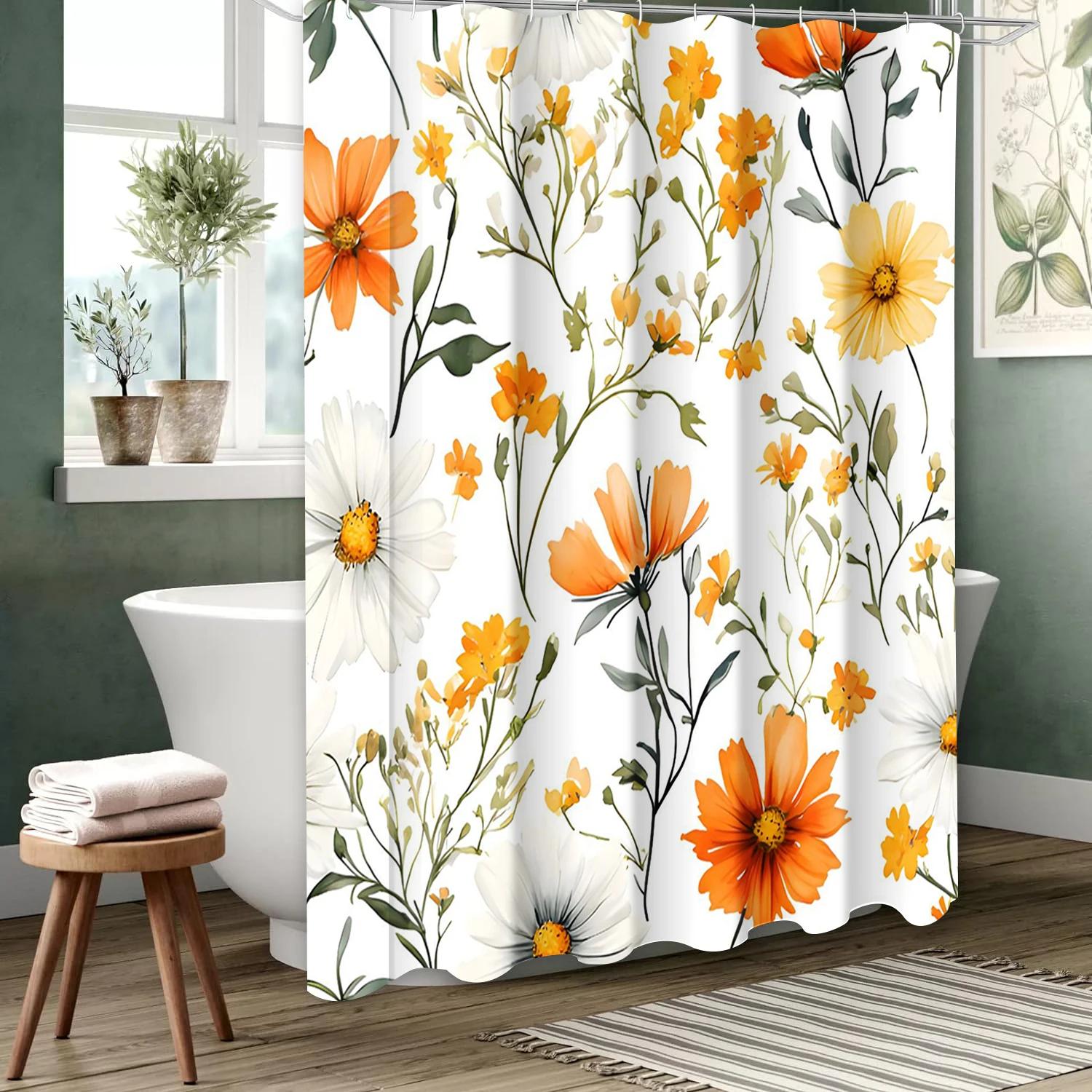 

Yellow Flowers Pattern Bathing Curtain Bathroom Shower Curtain Waterproof With 12 Hooks Home Deco W60H190(CM)-1 Pcs