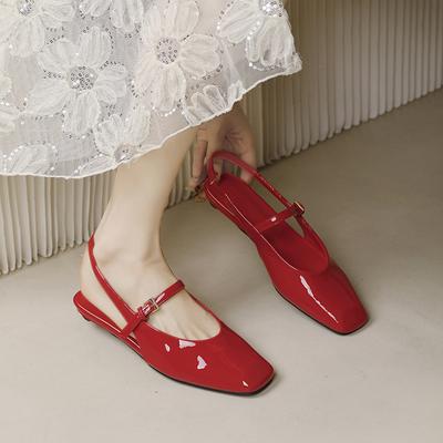 Xiaoxiangfeng Baotou Mary Jane sandales sieviešu ikdienas daudzpusīgas ar vienvārda sprādzi aizmugurē, tukšas, ar plakanu zoli, temperamentīgas, vienas kurpes