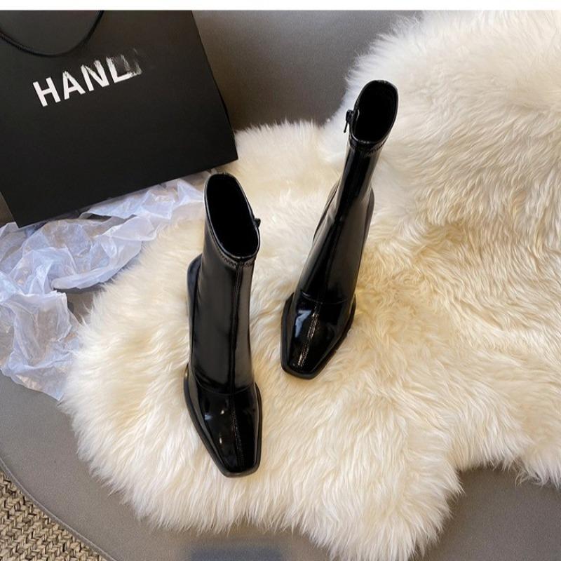 Fashion New Style Luxury Women's Boots Autumn Women's Fashion Square High Heels Patent Leather Shoes Ankle Boots Black Women's Zipper