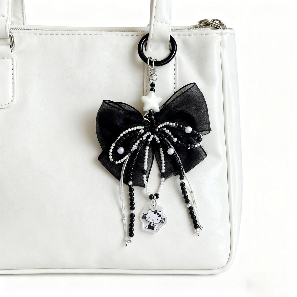 Sanrio Crystal Bow Beaded Jewelry Keychain - Lace Handbag Charm, Korean Style