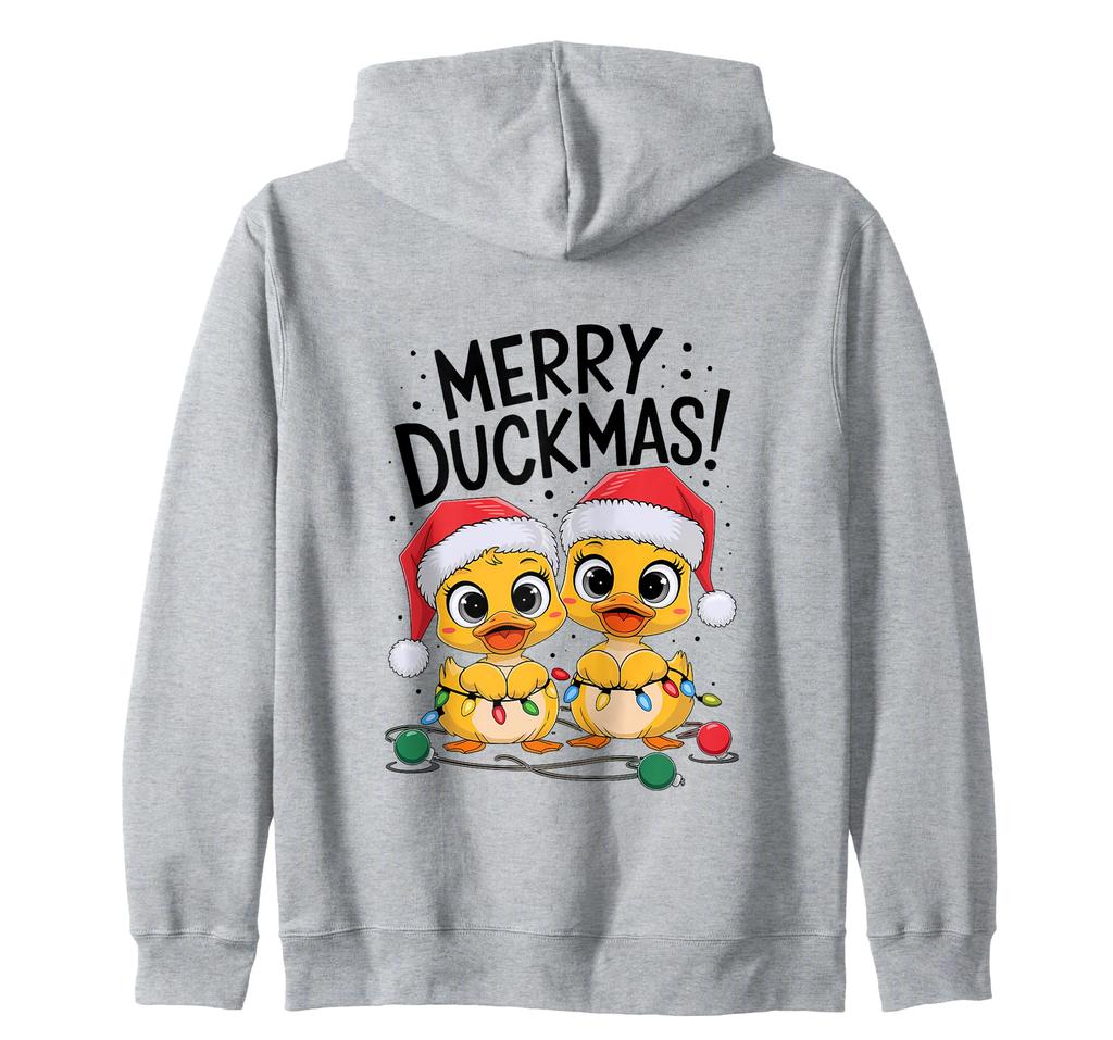 Duck Christmas Sweater Santa Hat Fairy Lights Cute Merry Duckmas Duck Zip Hoodie
