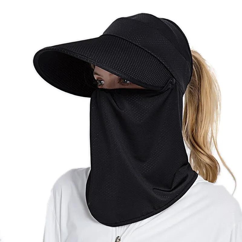

Summer Women Neck Cover Hat Lady Wide Brim Sun Cap Anti UV Foldable Female Casual Outdoor Sport Hiking Ponytail Hat one size чёрный
