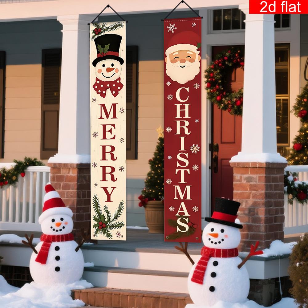 Merry Christmas Porch Sign Santa Claus Snowman Family 1 Pair Polyester Indoor Outdoor Decor