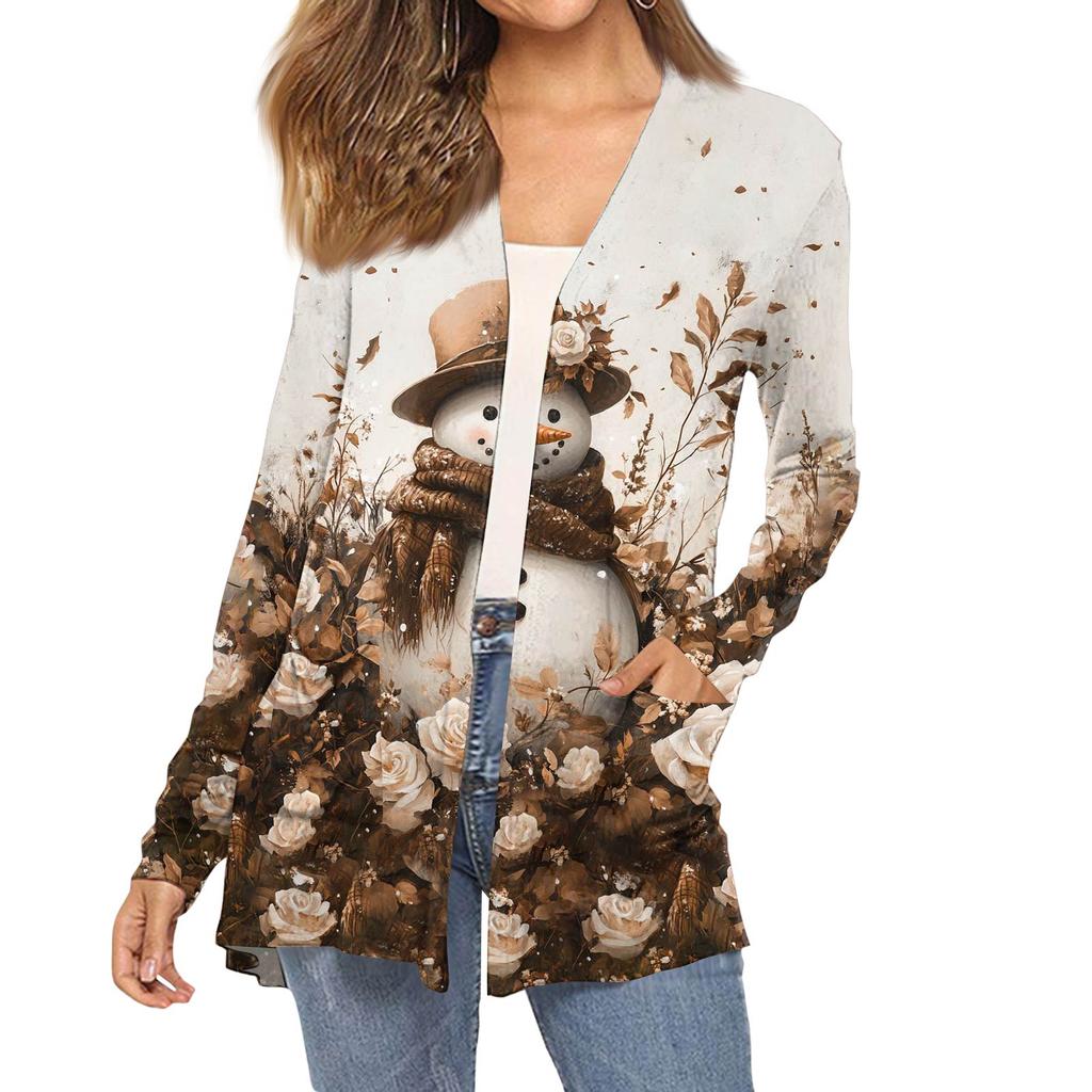 Women's Fashion Christmas Print Long-Sleeved Pocketed Slim-Fit Cardigan Coat