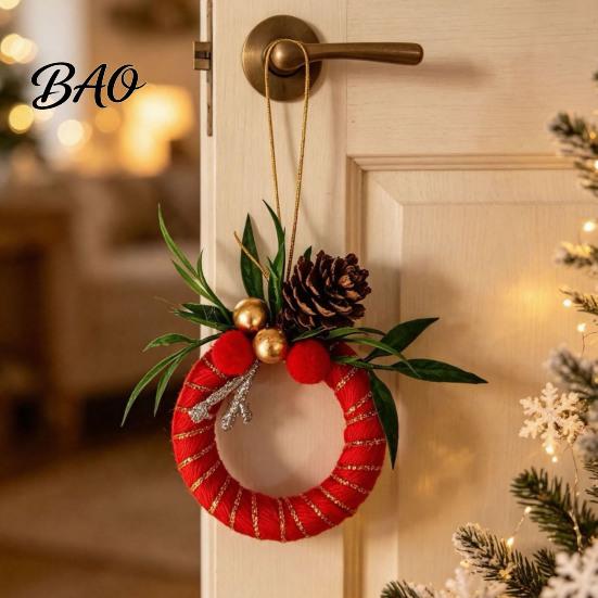 Handmade Wreath Ornaments Mini Christmas Ornament, Miniature Artificial with Bow, Decor Pinecone, Xmas Tree Hanging for Holiday Party Favors