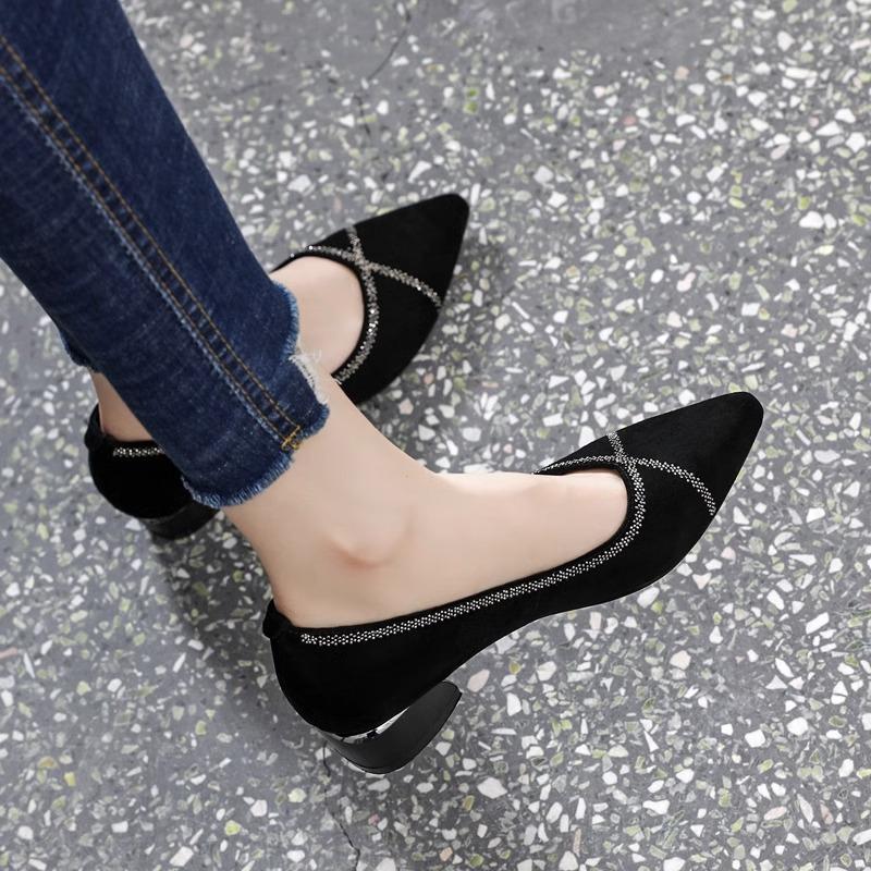 Coarse-heeled Single Shoes Women's Leather Pointed-toed New Autumn Shallow Mouth Matte Women's Shoes Spring and Autumn Soft Leather Flat-soled