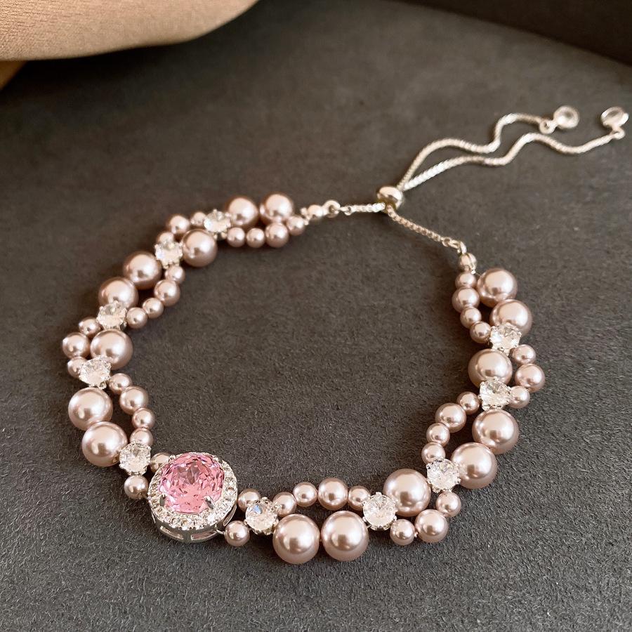 Korean sweet zircon geometric double-layer splicing pearl bracelet bracelet fashion exquisite jewelry women