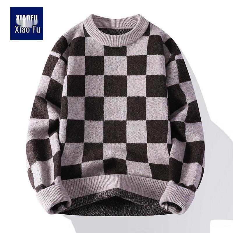 Men s Checkered Knit Round Neck Sweater 3XL