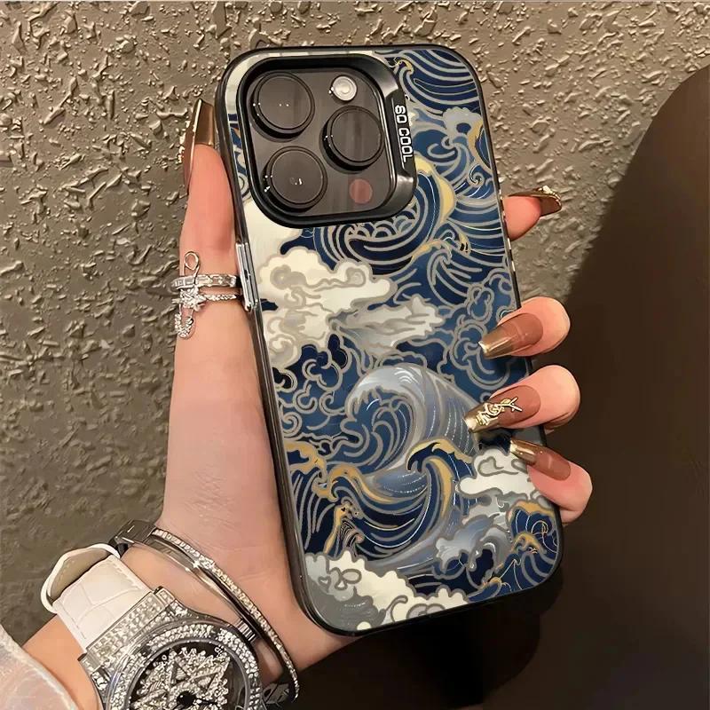 Japanese Waves Electroplate Silver IMD Case for  Redmi Note 14 13 12 11 Pro Plus 5G 12S 11S 10S Redmi 14C 13C 13 12 Cover