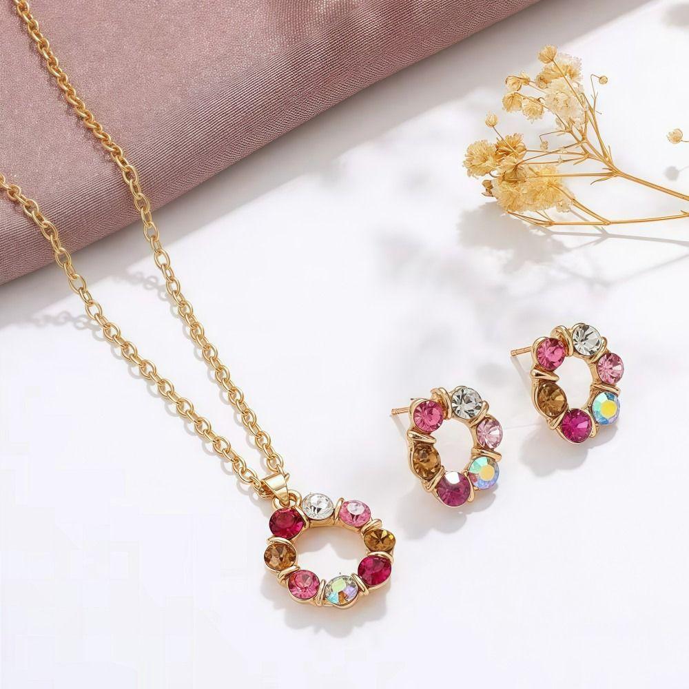 3pcs Gold Color Necklace Earrings Set Exquisite Stained Glass Diamond Earring Jewelry Sets Simple Style Circle Shape Design