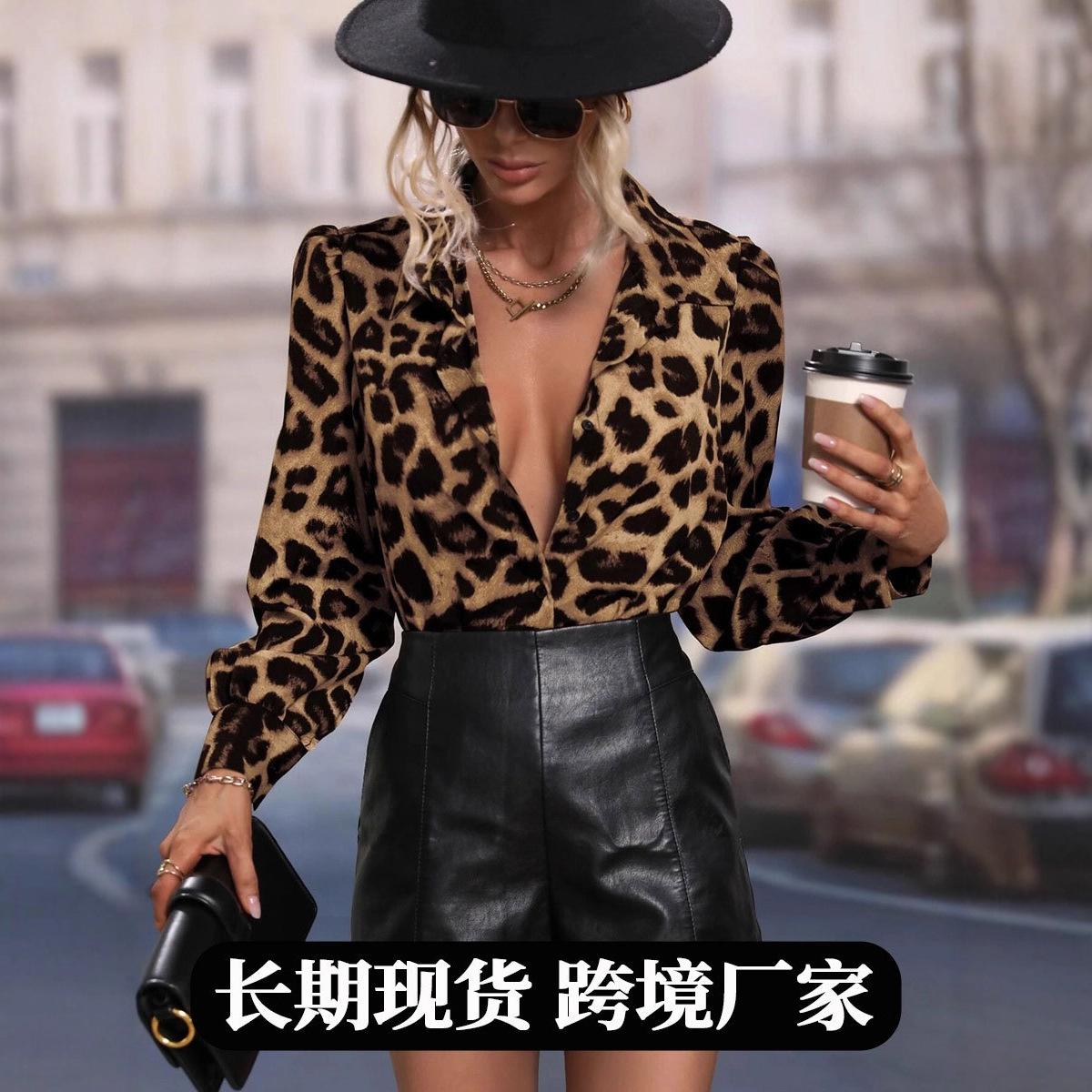 Women Leopard Print Satin Lapel Long Sleeve Button Down Shirt S коричневый